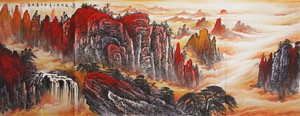 中国青年美术家百杰、中国国画家协会理事、东方书画艺术家协会高级画师 李长田  云山胜景 小六尺山水国画
