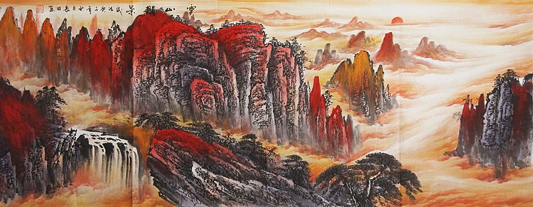 中国青年美术家百杰、中国国画家协会理事、东方书画艺术家协会高级画师 李长田  云山胜景 小六尺山水国画