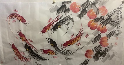 佟广伟 〈九鲤献寿〉省市美协会员，张大千第四代传人。