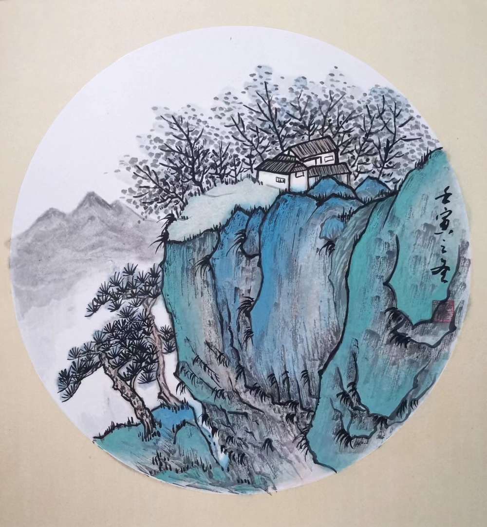 云海松涛 青绿山水团扇