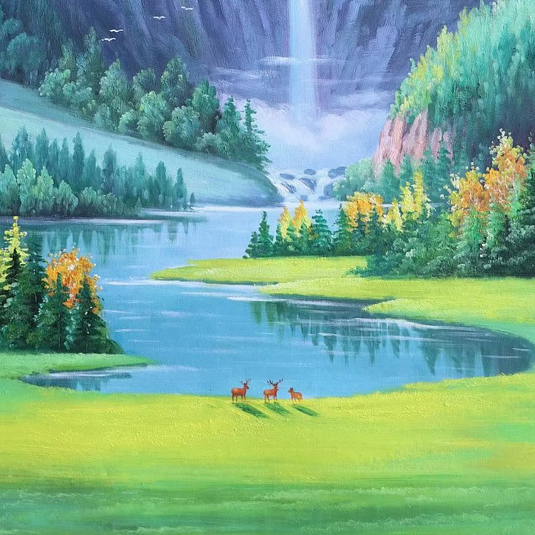 胡冰 纯手绘精品油画《高山流水》
