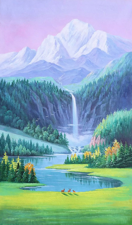 胡冰 纯手绘精品油画《高山流水》