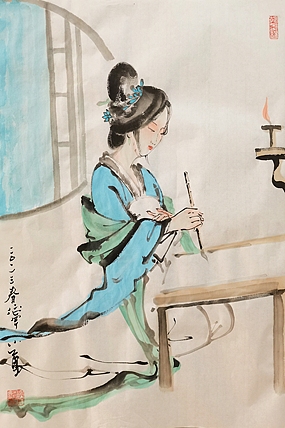 西安美术学院 青年潜力艺术家 宁晓永 精品国画（习字仕女图）
