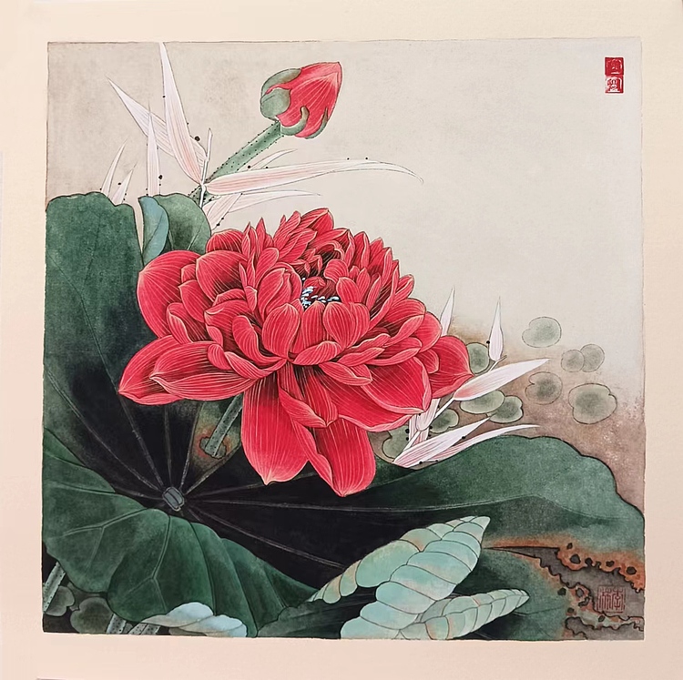 砚沐 红荷花李林国画作品