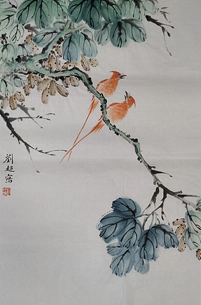 刘超 小写意花鸟梧桐绶带