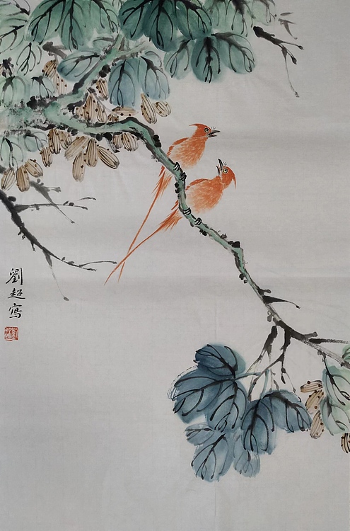刘超 小写意花鸟梧桐绶带