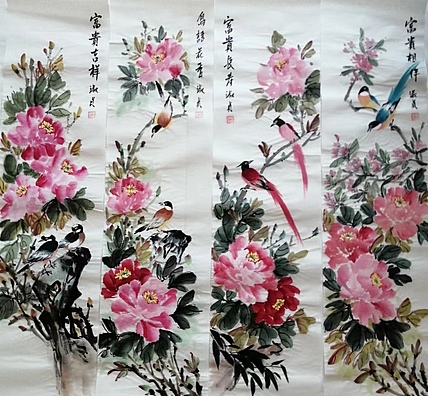 小雨 四条屏富贵吉祥，鸟语花香，富贵长寿，富贵相伴