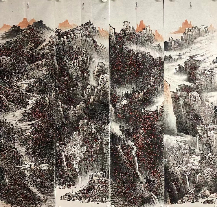 中国美术家协会会员 李景 山水四条屏精品