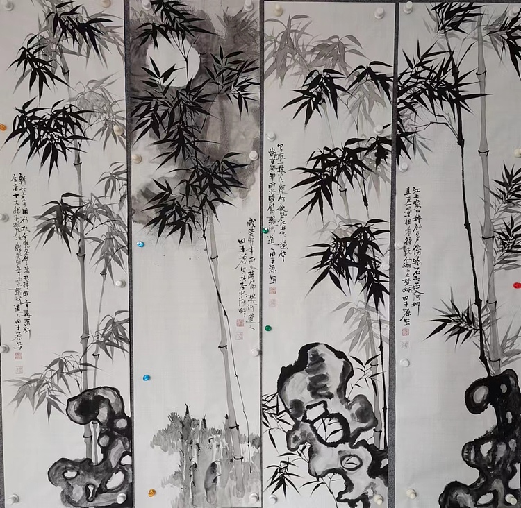 田子源 墨竹四条屏