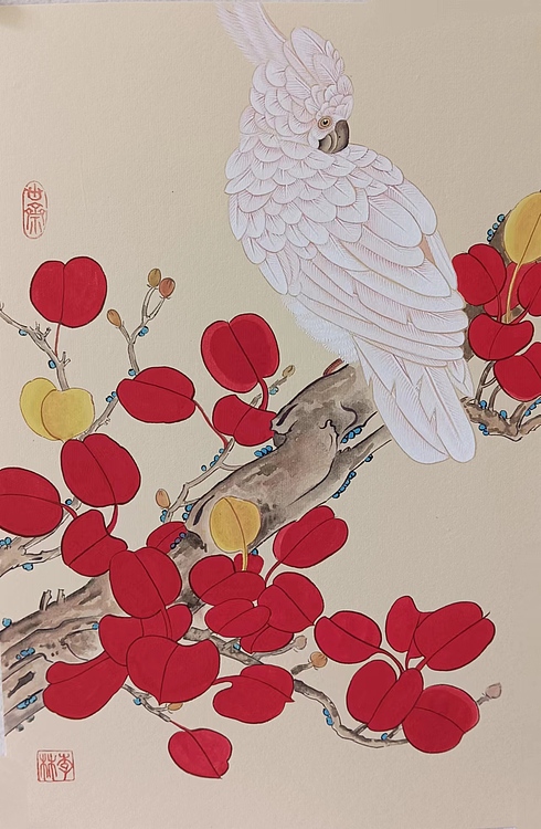 砚沐 红叶小鸟湖北美术学院艺术硕士李林国画作品