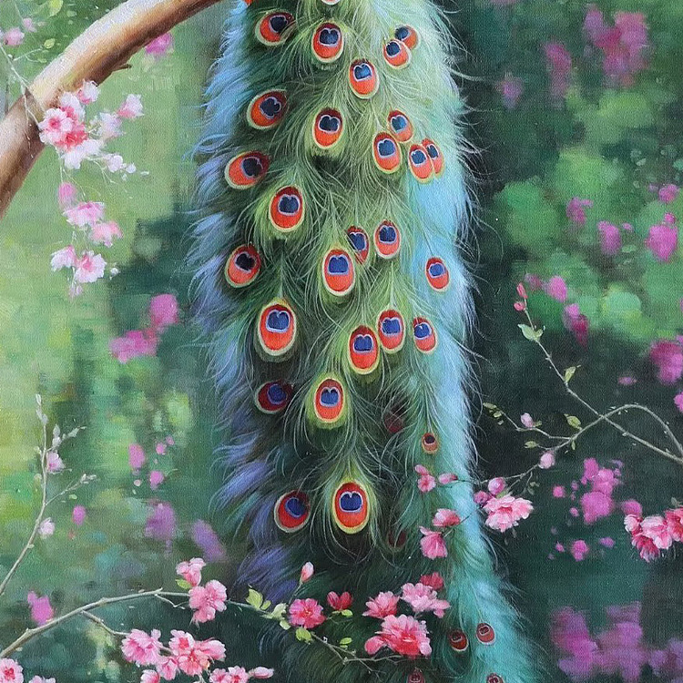 胡冰 纯手绘精品油画《孔雀3》
