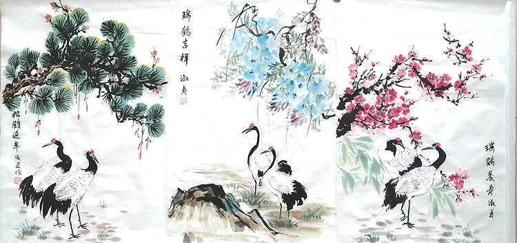 小雨 三条屏，松鹤延年，瑞鹤吉祥，瑞鹤长寿