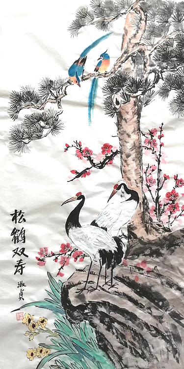 小雨 松鹤双寿