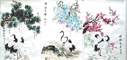 小雨 三条屏，松鹤延年，瑞鹤吉祥，瑞鹤长寿