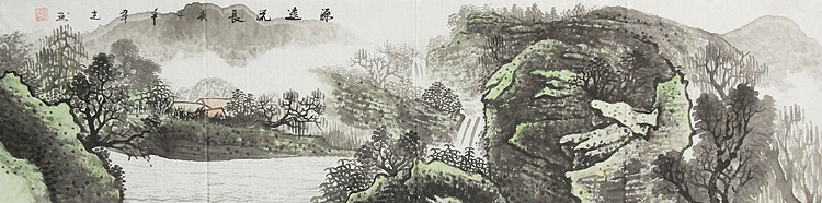 画家 韦建 源远流长 四尺对开山水