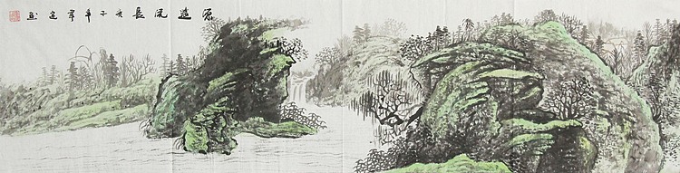 画家 韦建 源远流长 四尺对开山水