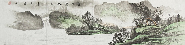 画家 韦建 源远流长 四尺对开山水
