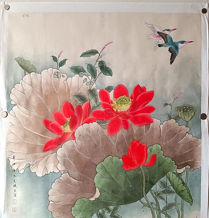 青年书画家 七汐 工笔荷花翠鸟