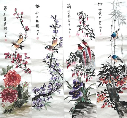 小雨 四条屏，竹，兰，梅，菊