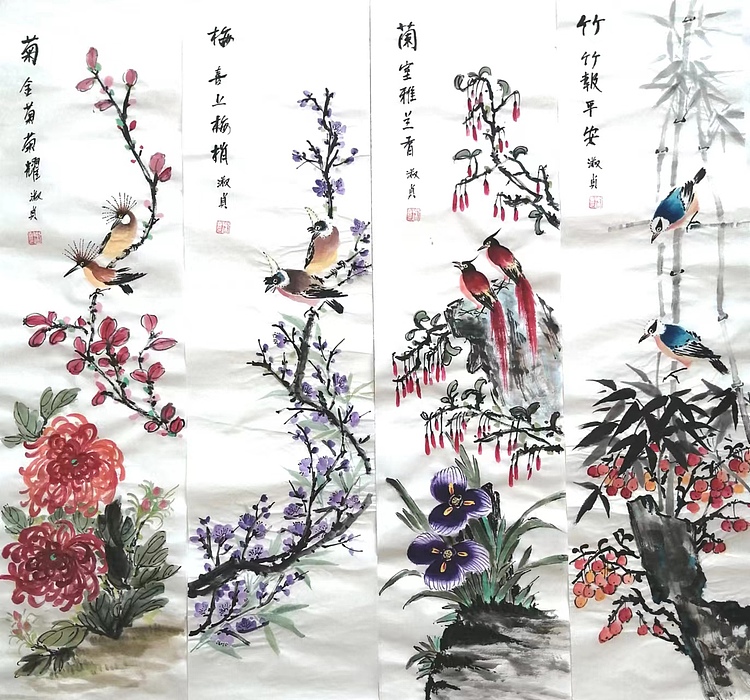 小雨 四条屏，竹，兰，梅，菊