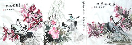 小雨 三条屏，喜到满堂红，富贵相伴，喜到富临门