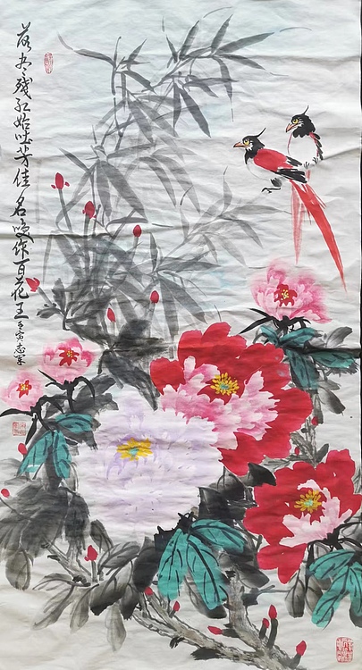 五谷丰登 牡丹花，缓代乌，竹子