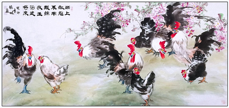 高晓林 （4143）我家以及美术师，江苏省美协会员，准六尺群鸡图