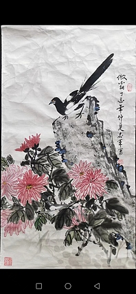 五谷丰登 菊花，喜鹊