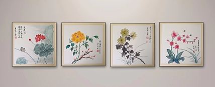 云海松涛 国画花鸟四连幅
