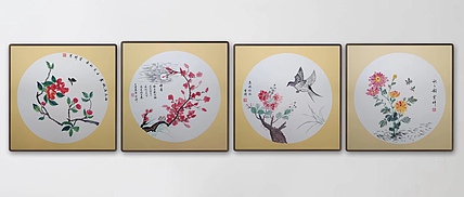 云海松涛 花鸟团扇四连幅
