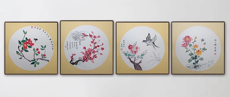 云海松涛 花鸟团扇四连幅
