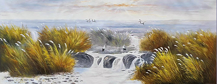 胡冰 油画《芦间鹤舞3》70x180cm