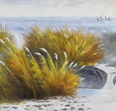 胡冰 油画《芦间鹤舞3》70x180cm