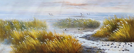 胡冰 油画《芦间鹤舞2》70x180cm