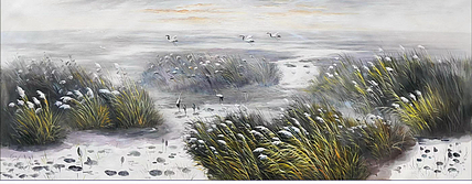 胡冰 油画《芦间鹤舞》70x180cm