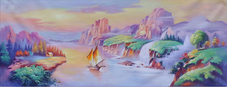 胡冰 油画《轻舟已过万重山》70x180cm