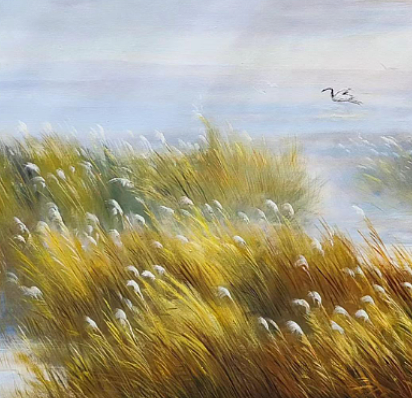 胡冰 油画《芦间鹤舞2》70x180cm