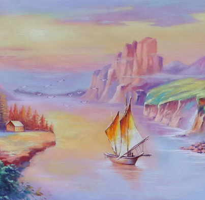 胡冰 油画《轻舟已过万重山》70x180cm