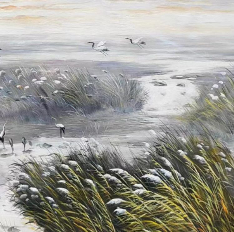 胡冰 油画《芦间鹤舞》70x180cm