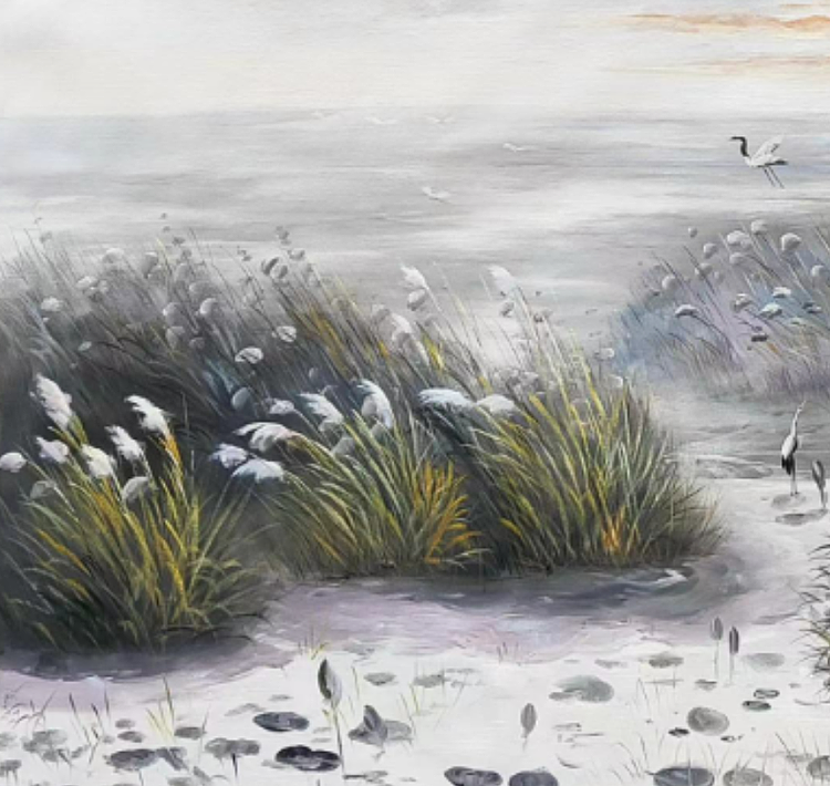 胡冰 油画《芦间鹤舞》70x180cm