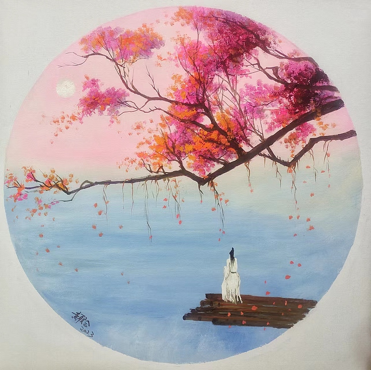莆田市油画艺术产业协会会员 黄联合 夕阳深映桃花红