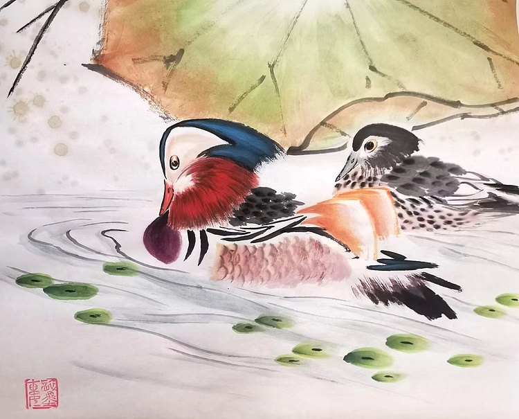 当代著名书画家 醉墨 朱毅江国画《佳侣》60*34厘米