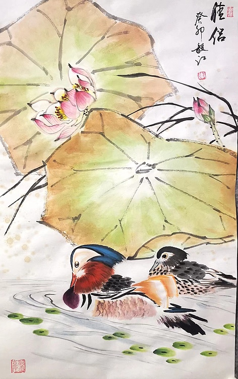 当代著名书画家 醉墨 朱毅江国画《佳侣》60*34厘米