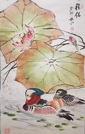 当代著名书画家 醉墨 朱毅江国画《佳侣》60*34厘米