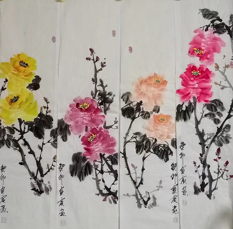 中国老年书画研究会会员 张宝霞 牡丹四条屏
