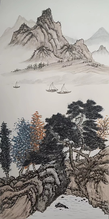 云海松涛 仿陈少梅画四连幅