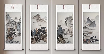 云海松涛 仿陈少梅画四连幅