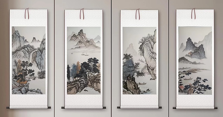 云海松涛 仿陈少梅画四连幅