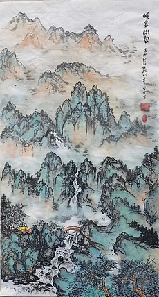 胡强 中华海峡国画研究会常务理事 特聘职业书画家 空靈 峻峯识鸟图