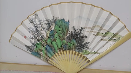 青年书画家 七汐 手绘青绿山水折扇（带扇袋）